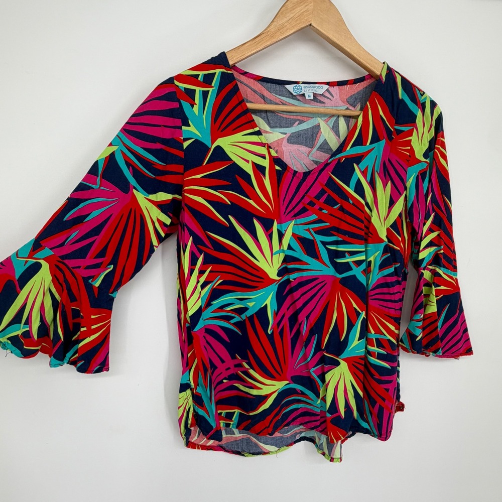 Escapada Top Womens M Tropical Palm Leaf Bell Sleeve V-Neck Vacation Feminine